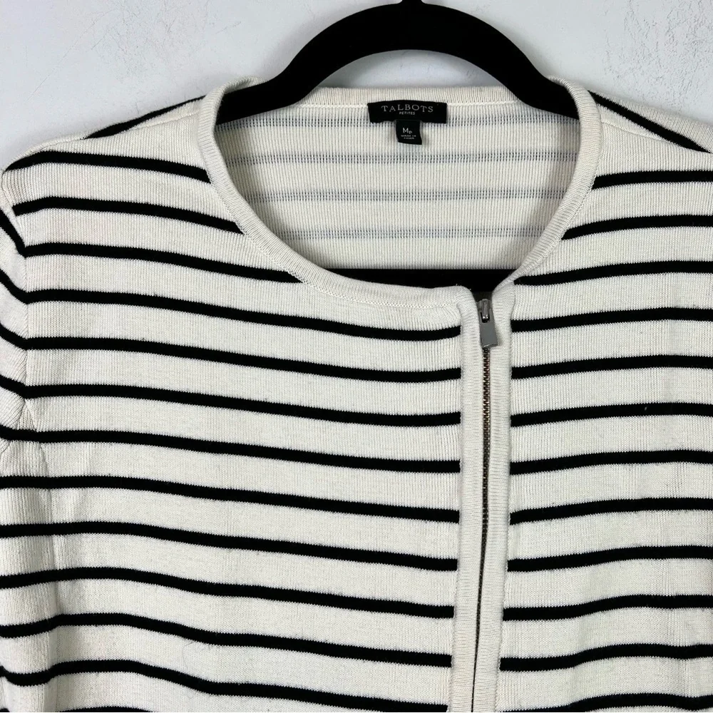 Talbots cream and black stripe full zip up cardigan womens size medium petite - Picture 2 of 7